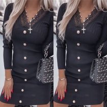 Elegant Buttoned Lace Spliced V-neck Long Sleeve Ribbed Bodycon Dress