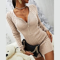 Fashion Half-zipper V-neck Long Sleeve Cable Knitted Bodycon Dress