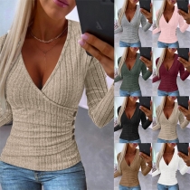 Fashion Solid Color V-neck Long Sleeve Side Buttoned Ribbed Shirt