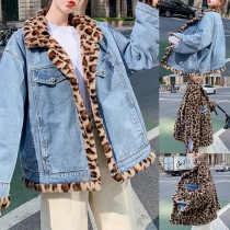Street Fashion Leopard Lined Notch Lapel Long Sleeve Reversible-wear Denim Jacket