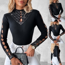 Fashion Rhinestone Hollow Out Round Neck Long Sleeve Ribbed Shirt