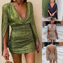 Sexy Sequined Draped V-neck Slit Long Sleeve Backless Bodycon Party Dress