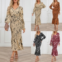 Fashion Printed V-neck Long Sleeve Fishtail Self-tie Midi Dress