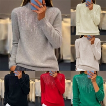 Fashion Rhinestone Mock Neck Long Sleeve Shirt