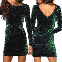 Fashion Bling-bling Sequined Round Neck Backless Long Sleeve Bodycon Party Dress
