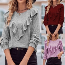 Fashion Solid Color Round Neck Long Sleeve Ruffle Shirt