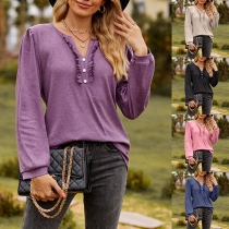 Casual Ruffled Buttoned V-neck Long Sleeve Shirt