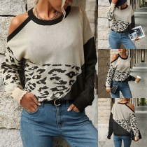 Street Fashion Leopard Print Contrast Color Round Neck Open-shoulder Sweater