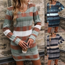 Fashion Contrast Color Round Neck Long Sleeve Patch Pockets Knitted Dress
