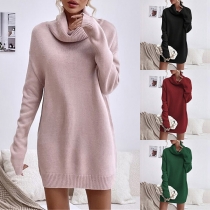 Fashion Solid Color Turtleneck Long Sleeve Sweater Dress