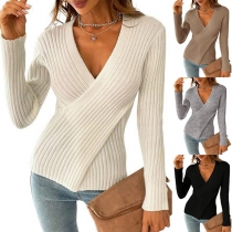 Fashion Solid Color V-neck Long Sleeve Ribbed Shirt