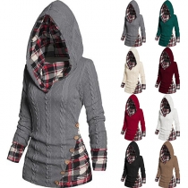 Casual Checkered Spliced Draped Neck Buttoned Long Sleeve Hooded Shirt