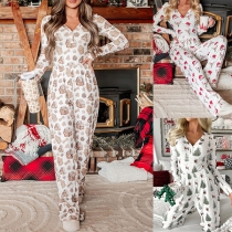 Fashion Comfy Printed V-Neck Long Sleeve Pajamas Jumpsuit for Christmas