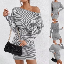 Fashion Stripe Printed Round Neck Long Sleeve Cinch Waist Bodycon Dress