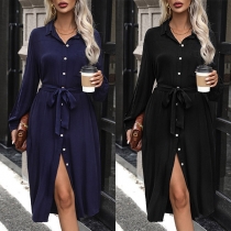 Fashion Solid Color Front Buttoned Stand Collar Long Sleeve Self-tie Waist Shirt Dress