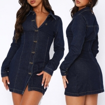 Fashion Front Buttoned Stand Collar Long Sleeve Denim Shirt Dress