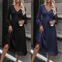 Fashion Jacquard V-neck Long Sleeve Cinch Waist Midi Dress