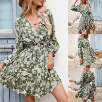 Fashion Floral Printed V-neck Long Sleeve Cinch Waist Mini Dress