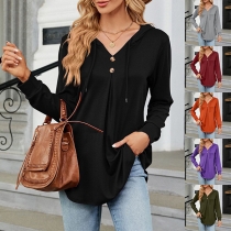 Fashion Solid Color Buttoned Drawstring Hooded Long Sleeve Shirt