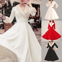 Fashion Plush Spliced V-neck Long Sleeve Midi Dress
