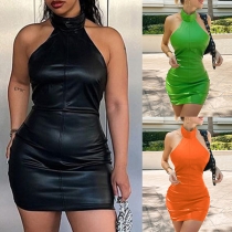 Fashion Solid Color Halterneck Backless Artificial Leather PU Bodycon Dress
