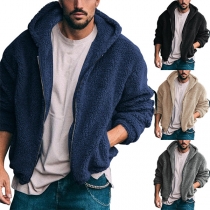 Fashion Solid Color Long Sleeve Hooded Plush Jacket for Men