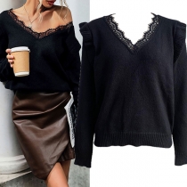 Fashion Lace Spliced V-neck Long Sleeve Shirt