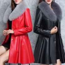 Fashion Artificial Fur Spliced Collar Long Sleeve Artificial Leather PU Jacket