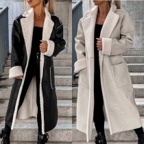 Fashion Notch Lapel Long Sleeve Warm Plush Lined Artificial Leather PU Jacket