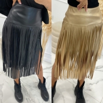 Street Fashion Tassel High-rise Artificial Leather PU Skirt