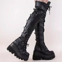 Street Fashion Buckle Lace-up Platform Artificial Leather PU Over-the-knee Boots