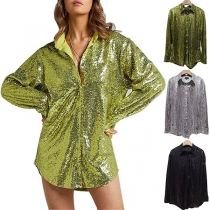 Fashion Bling-bling Sequined V-neck Long Sleeve Loose Shirt