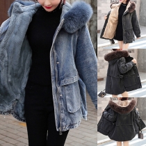 Fashion Warm Plush Lined Artificial Fur Spliced Hooded Old-washed Denim Coat for Women