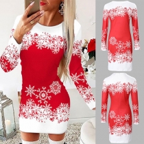 Fashion Snowflake Printed Round Neck Long Sleeve Bodycon Dress