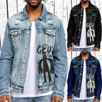 Street Fashion Old-washed Stand Collar Long Sleeve Printed Denim Jacket for Men