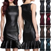 Fashion Round Neck Sleeveless Ruffled Hemline Artificial Leather PU Bodycon Dress