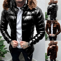 Fashion Artificial Fur Spliced Hooded Artificial Leather PU Quilted Coat for Men