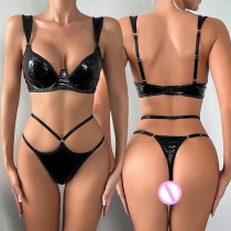 Sexy Cutout Artificial Leather PU Two-piece Lingerie Set