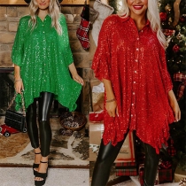 Fashion Bling-bling Sequin Irregular Hemline Shirt