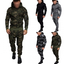 Street Fashion Camouflage Printed Two-piece Set for Men Consist of Hooded Sweatshirt and Drawstring Sweatpants