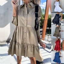 Fashion Solid Color Stand Collar Long Sleeve Tiered Dress