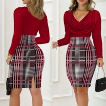 Fashion Draped Neck Long Sleeve Plaid Bodycon Dress
