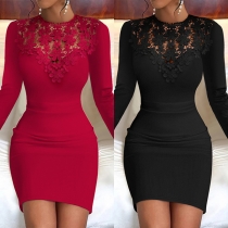 Fashion Lace Spliced Round Neck Long Sleeve Bodycon Dress