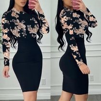 Fashion Floral Printed Round Neck Long Sleeve Bodycon Dress