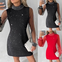 Fashion Rhinestone Mock Neck Gauze Spliced Long Sleeve Bodycon Dress