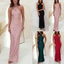 Sexy Bling-bling Sequined Halterneck Sleeveless Backless Maxi Party Dress