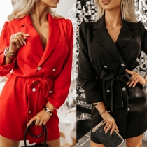 Fashion Notch Lapel Double-breasted Self-tie Long Sleeve Suit Dress