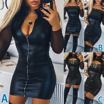 Sexy Zipper/Lace Spliced/Front Cutout Long Sleeve Artificial Leather PU Bodycon Dress