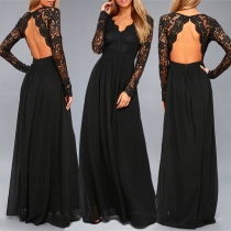 Sexy Lace Spliced V-neck Long Sleeve Backless Maxi Party Dress