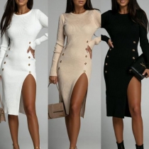 Fashion Solid Color Round Neck Long Sleeve Double-breasted Slit Bodycon Dress
